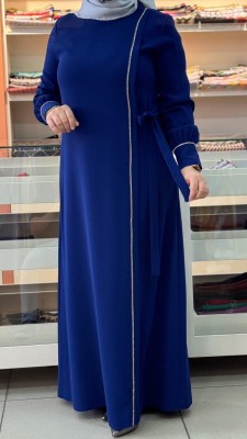 Beli Bağlamalı Taşlı Elbise Saks/50110 - Thumbnail