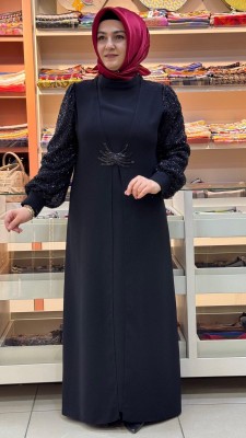 Gaze - Önü Taş İşlemeli Kolları Boncuk Detaylı Abiye Siyah/5099