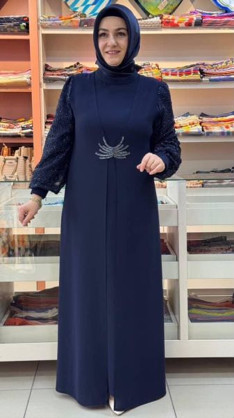 Önü Taş İşlemeli Kolları Boncuk Detaylı Abiye Lacivert/5099