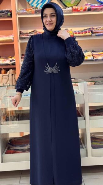 Önü Taş İşlemeli Kolları Boncuk Detaylı Abiye Lacivert/5099