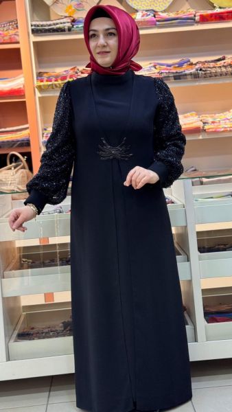 Önü Taş İşlemeli Kolları Boncuk Detaylı Abiye Siyah/5099
