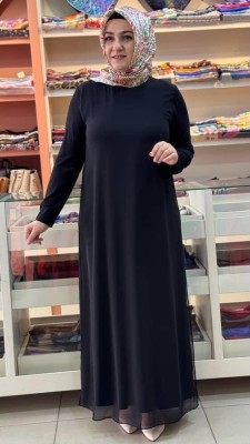 Önü Ve Arkası Tül Detaylı Elbise Siyah/12442 - Thumbnail